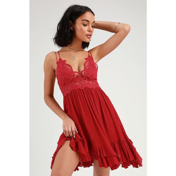 Free People Dresses & Skirts - Free People Adella Slip Red Lace Dress Size M